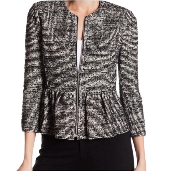 Rebecca Taylor Textured Tweed Peplum Jacket Blazer Size 2 / XS Black Cream - Picture 1 of 14